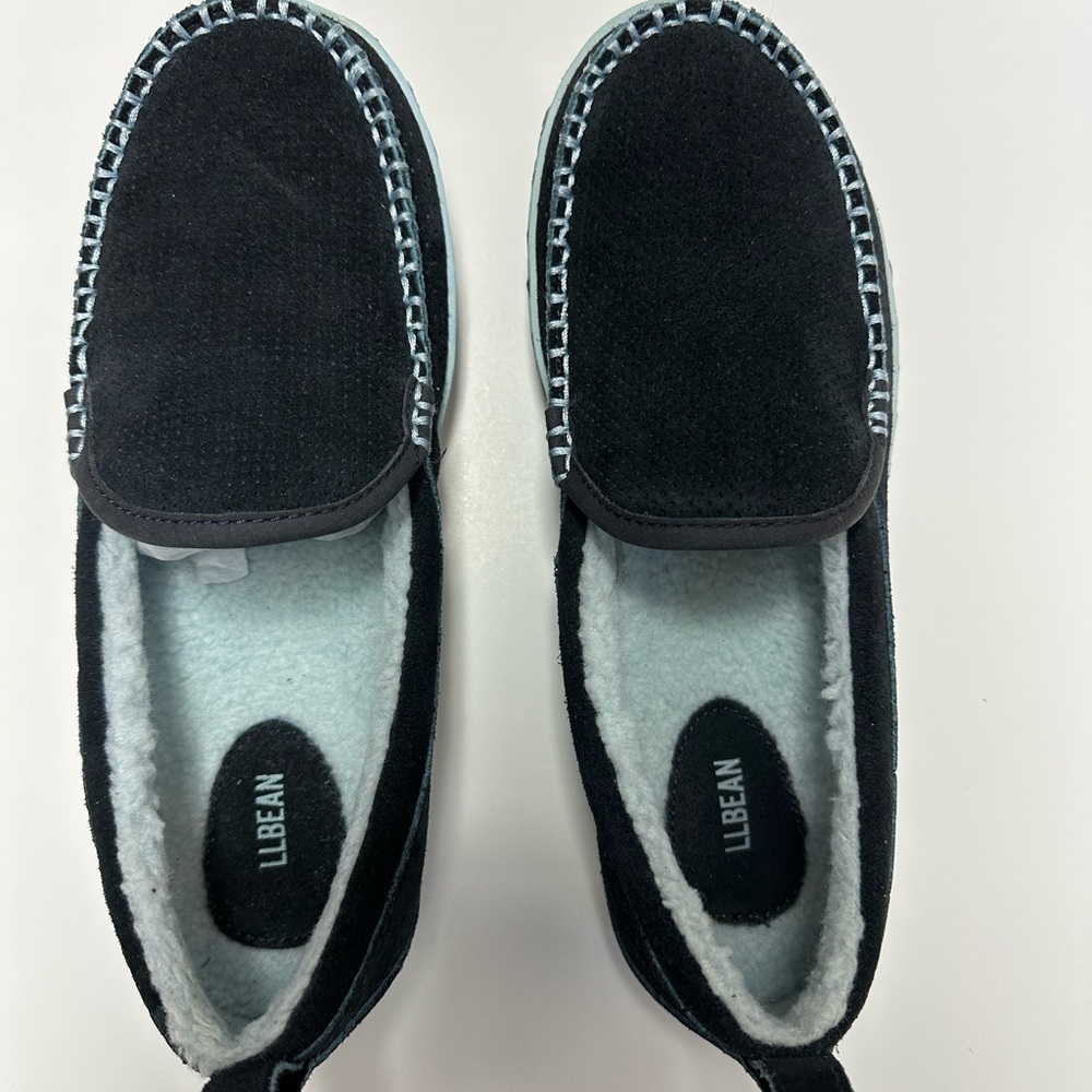 LL Bean Blue Suede Fleece Lined Mountain Moccasin Slippers - Size 9